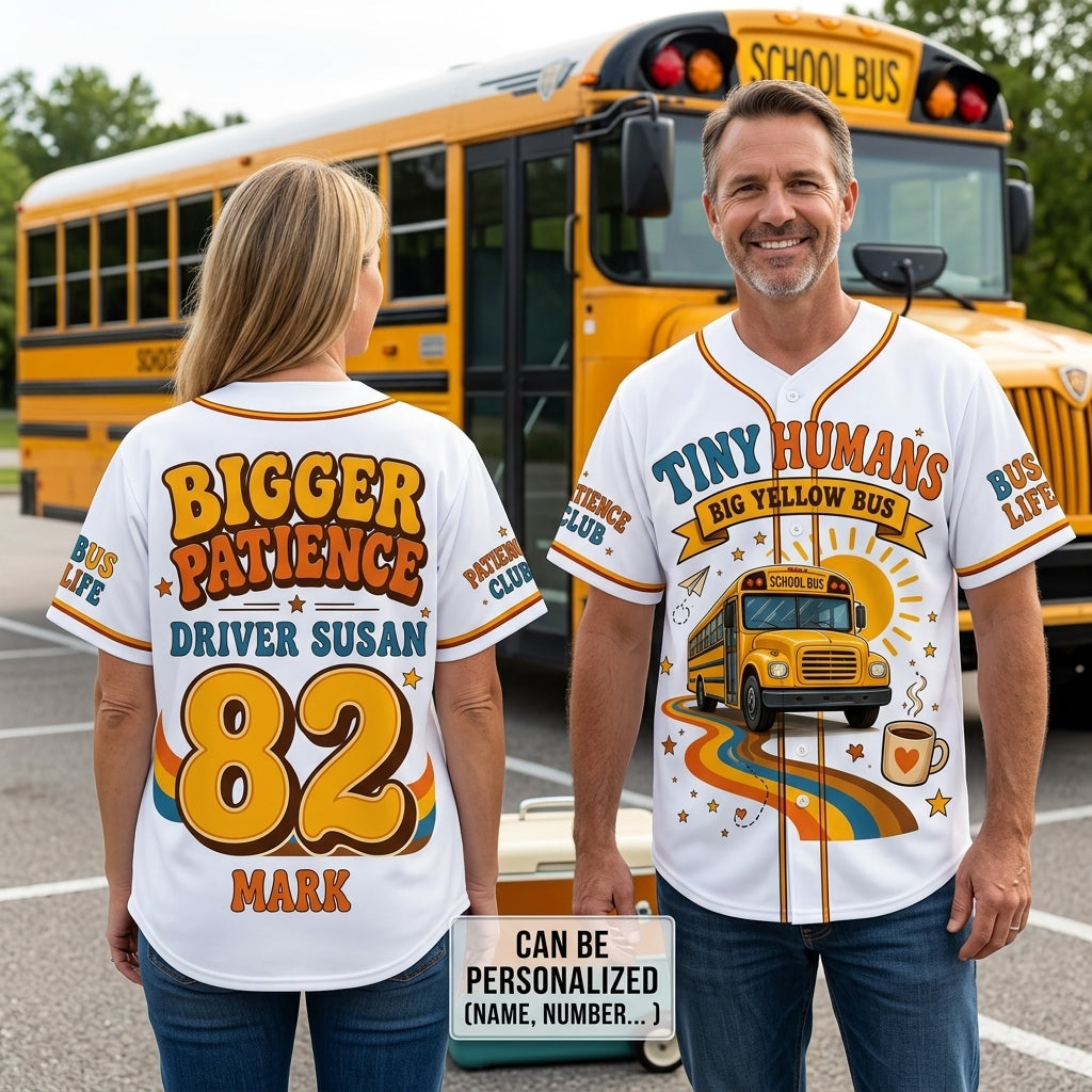 Personalized School Bus Driver Baseball Jersey - Custom Name and Number Tiny Humans Big Yellow Bus Gift