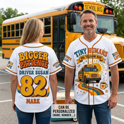 Personalized School Bus Driver Baseball Jersey - Custom Name and Number Tiny Humans Big Yellow Bus Gift