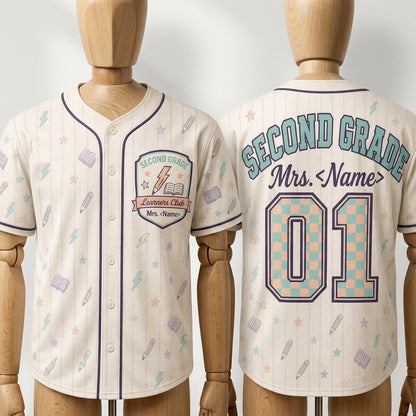 Personalized Second Grade Teacher Baseball Jersey - Custom Name Learners Club Back to School Shirt