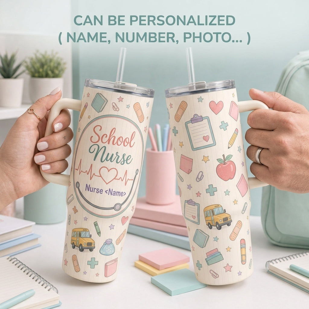 Personalized School Nurse 40oz Tumbler with Handle, Custom Name Medical Doodle Travel Mug Gift