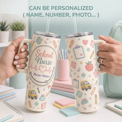 Personalized School Nurse 40oz Tumbler with Handle, Custom Name Medical Doodle Travel Mug Gift