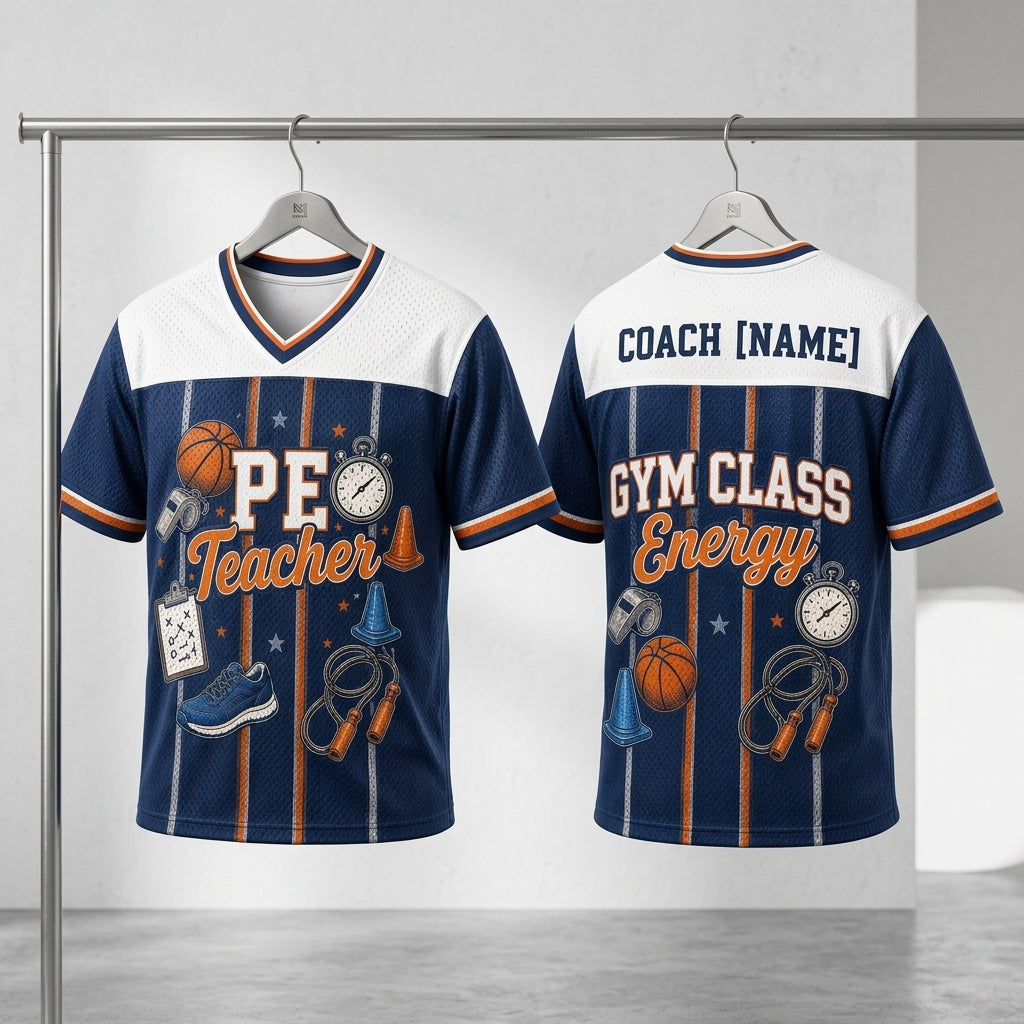 Personalized PE Teacher Football Jersey - Custom Name Coach Gym Class Energy Shirt