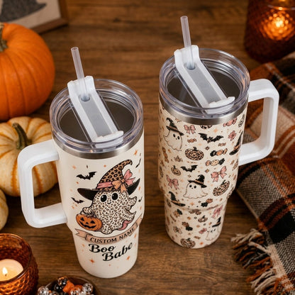Personalized Boo Babe Halloween 40oz Tumbler with Handle - Custom Leopard Print Ghost Gift
