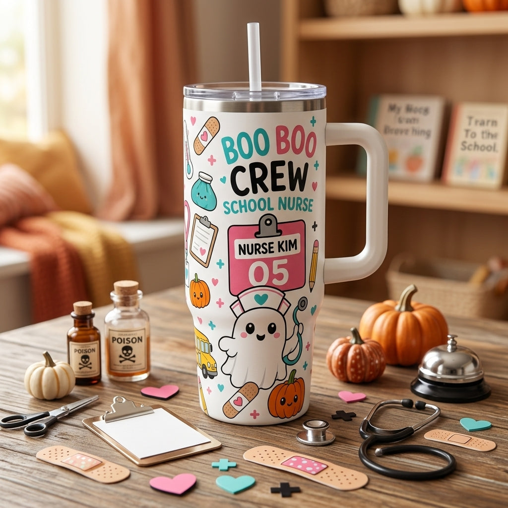 Personalized Boo Boo Crew School Nurse 40oz Tumbler with Handle, Cute Ghost Halloween Medical Gift for Pediatric Nurses