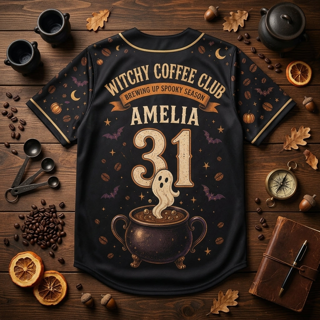 Personalized Witchy Coffee Club Baseball Jersey - Custom Name and Number Spooky Season Gift