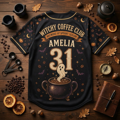 Personalized Witchy Coffee Club Baseball Jersey - Custom Name and Number Spooky Season Gift