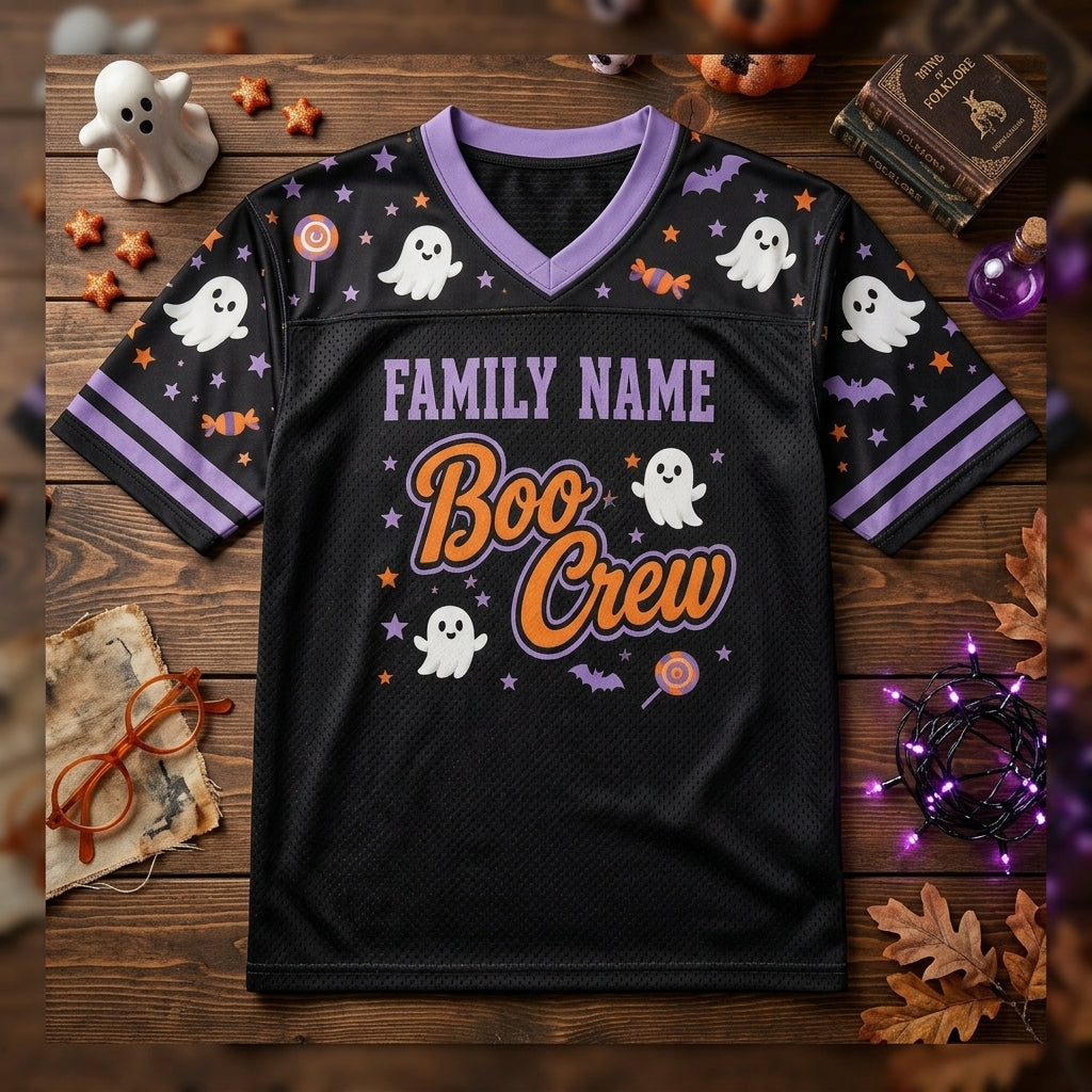 Personalized Boo Crew Halloween Football Jersey - Custom Family Name & Number Spooky Ghost Mesh Jersey