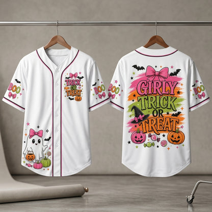 Girly Trick or Treat Halloween Baseball Jersey - Cute Ghost & Pink Pumpkin Spooky Season Shirt