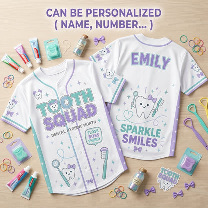 Personalized Tooth Squad Baseball Jersey Custom Name Dental Hygienist Gift Sparkle Smiles Jersey