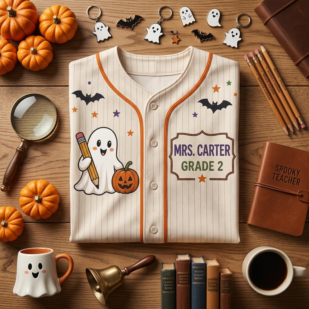 Personalized Spooky Teacher Halloween Baseball Jersey - Custom Name and Grade Ghost Graphic Jersey