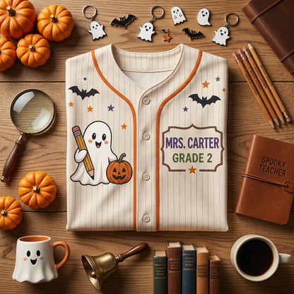 Personalized Spooky Teacher Halloween Baseball Jersey - Custom Name and Grade Ghost Graphic Jersey