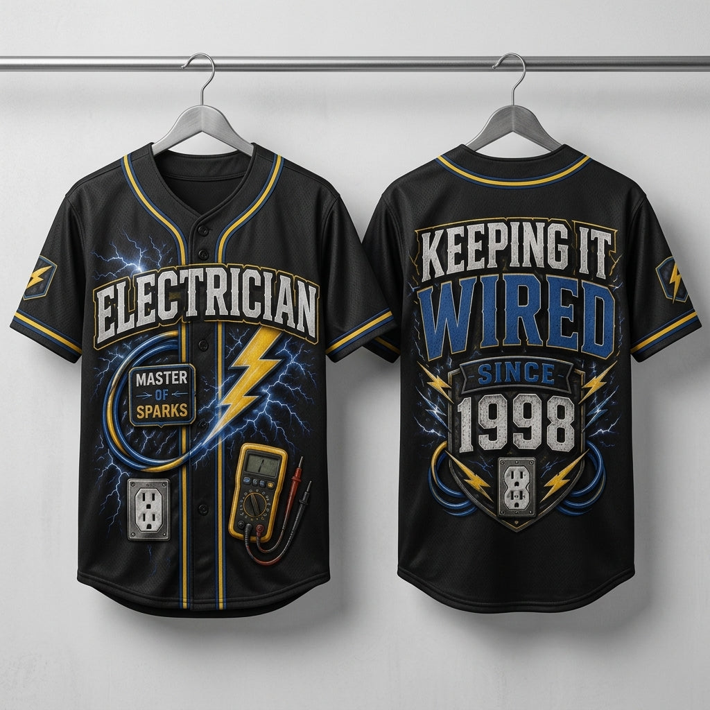 Personalized Electrician Baseball Jersey - Custom Name and Year Master of Sparks Gift