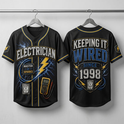 Personalized Electrician Baseball Jersey - Custom Name and Year Master of Sparks Gift