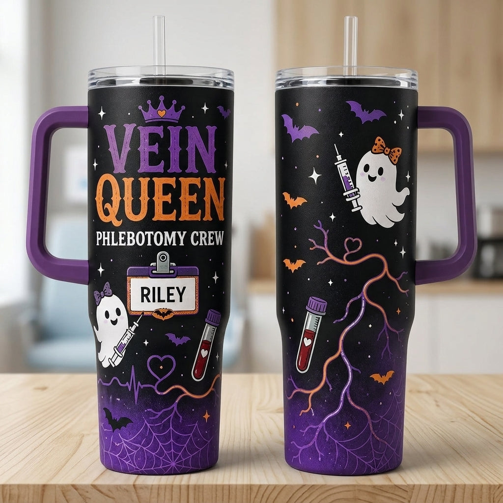 Personalized Vein Queen Phlebotomy Crew 40oz Tumbler with Handle - Custom Name Spooky Ghost Halloween Gift