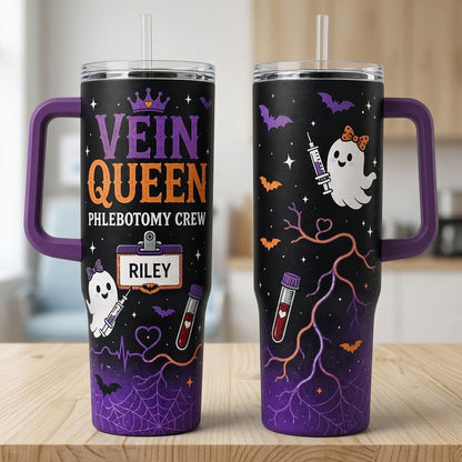 Personalized Vein Queen Phlebotomy Crew 40oz Tumbler with Handle - Custom Name Spooky Ghost Halloween Gift