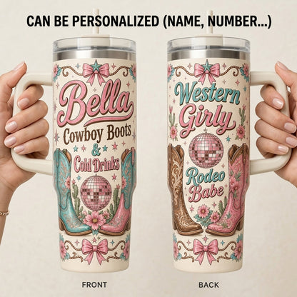 Personalized Western Girly Rodeo Babe 40oz Tumbler with Handle - Custom Cowboy Boots and Disco Ball Design