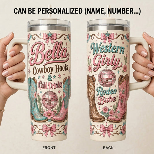 Personalized Western Girly Rodeo Babe 40oz Tumbler with Handle - Custom Cowboy Boots and Disco Ball Design