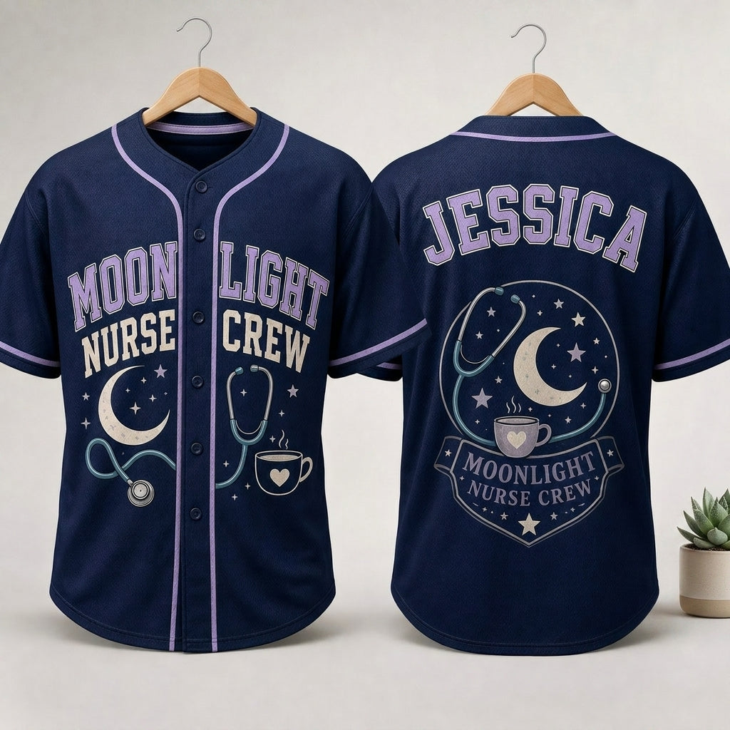 Personalized Moonlight Nurse Crew Baseball Jersey - Custom Name Night Shift Nursing Gift