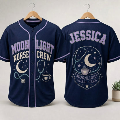 Personalized Moonlight Nurse Crew Baseball Jersey - Custom Name Night Shift Nursing Gift