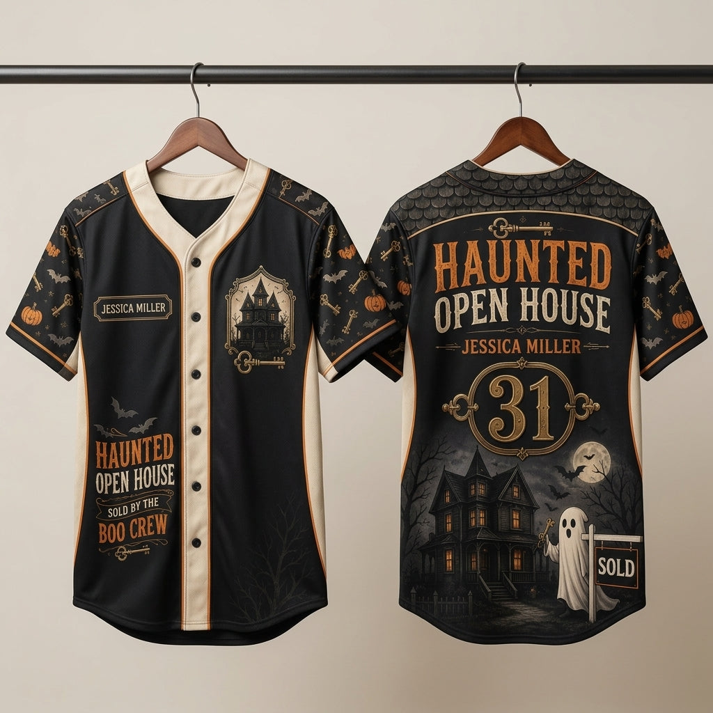 Personalized Haunted Open House Baseball Jersey - Custom Name Realtor Boo Crew Halloween Shirt