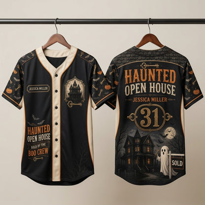 Personalized Haunted Open House Baseball Jersey - Custom Name Realtor Boo Crew Halloween Shirt