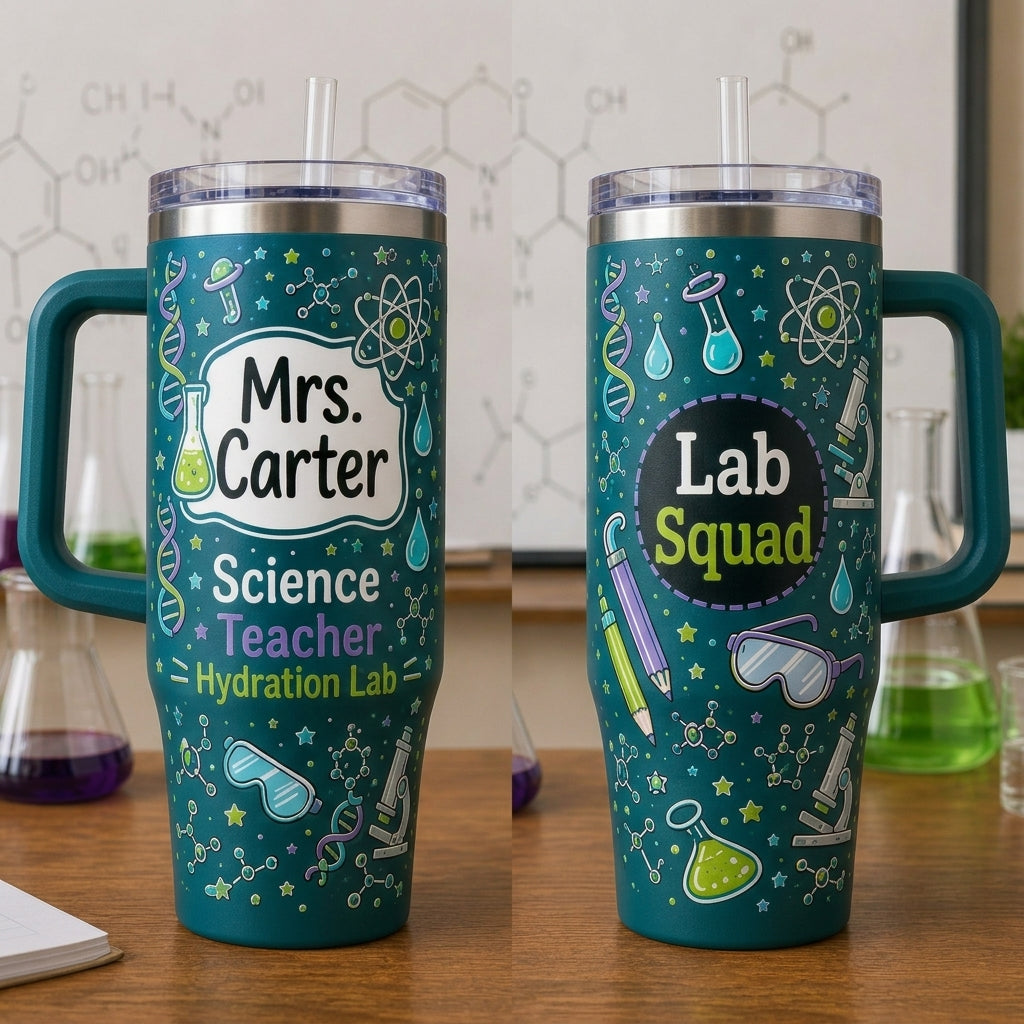 Personalized Science Teacher 40oz Tumbler with Handle - Custom Name Lab Squad Hydration Lab Gift