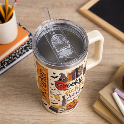 Personalized Spooky Teacher Crew 40oz Tumbler with Handle - Custom Name Halloween Teacher Gift