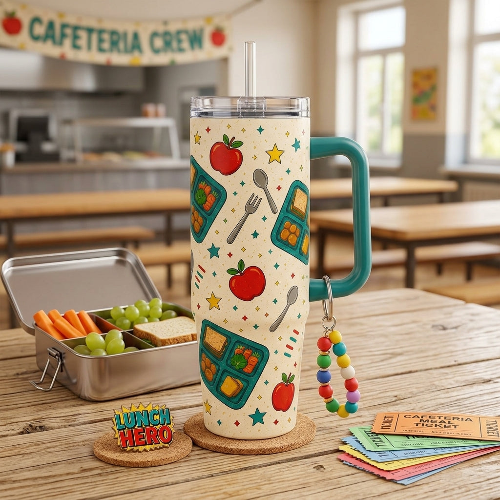 Personalized Lunch Hero 40oz Tumbler with Handle - Custom Name Cafeteria Crew & School Staff Gift