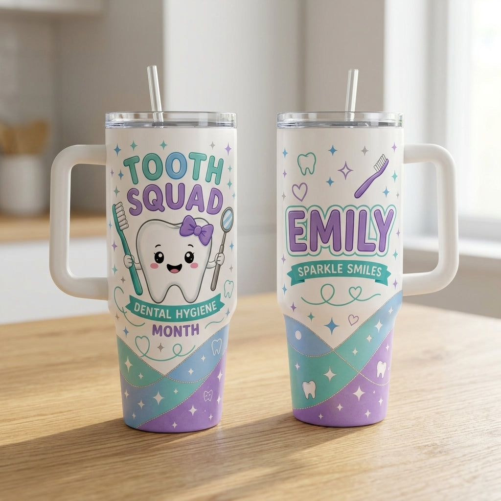 Personalized Tooth Squad 40oz Tumbler with Handle - Custom Name Dental Hygiene Month Gift