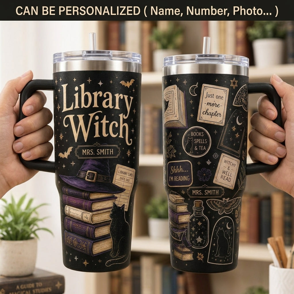 Personalized Library Witch 40oz Tumbler with Handle, Custom Name Book Lover Gift, Dark Academia Witchy Gifts