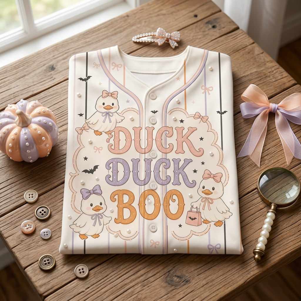 Personalized Duck Duck Boo Halloween Baseball Jersey - Custom Name Pink Coquette Aesthetic Jersey