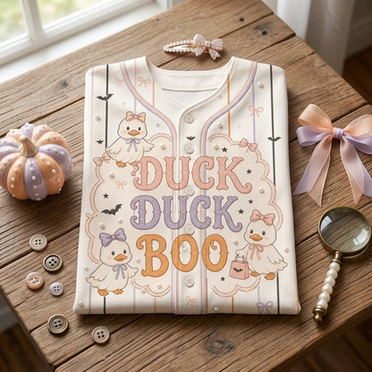Personalized Duck Duck Boo Halloween Baseball Jersey - Custom Name Pink Coquette Aesthetic Jersey