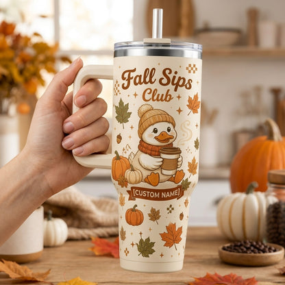 Personalized Fall Sips Club 40oz Tumbler with Handle, Custom Name Cute Duckling Autumn Coffee Cup