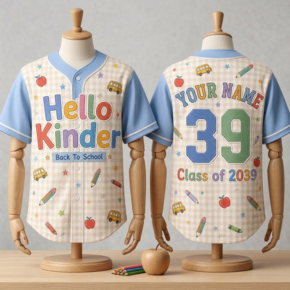 Personalized Hello Kinder Back to School Baseball Jersey - Custom Name & Number Kindergarten Shirt for Kids