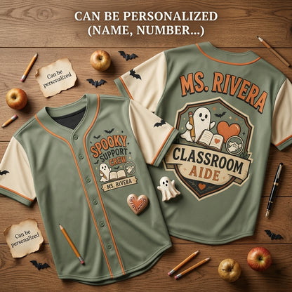 Personalized Spooky Support Crew Baseball Jersey - Custom Classroom Aide Ghost Halloween Shirt for Teachers
