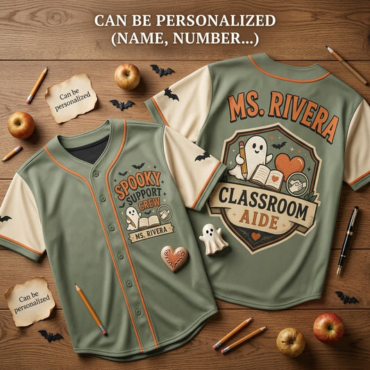 Personalized Spooky Support Crew Baseball Jersey - Custom Classroom Aide Ghost Halloween Shirt for Teachers