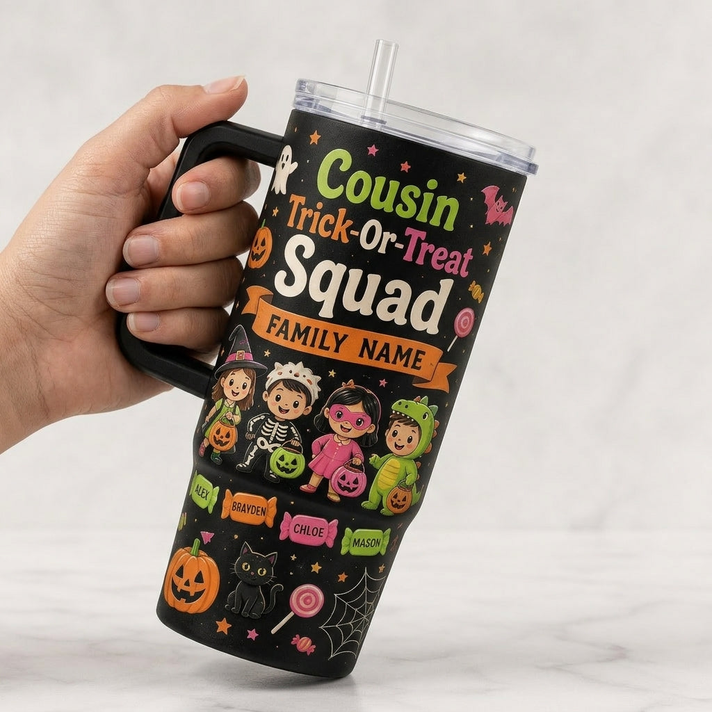 Personalized Cousin Trick-Or-Treat Squad 40oz Tumbler with Handle, Custom Family Name Halloween Gift