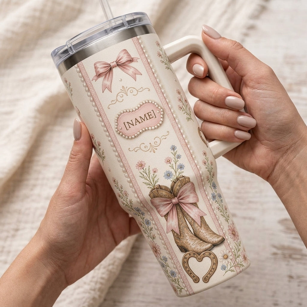 Personalized Pink Coquette Cowboy Boots 40oz Tumbler with Handle, Western Boho Floral Custom Name Travel Mug Gift