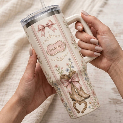 Personalized Pink Coquette Cowboy Boots 40oz Tumbler with Handle, Western Boho Floral Custom Name Travel Mug Gift