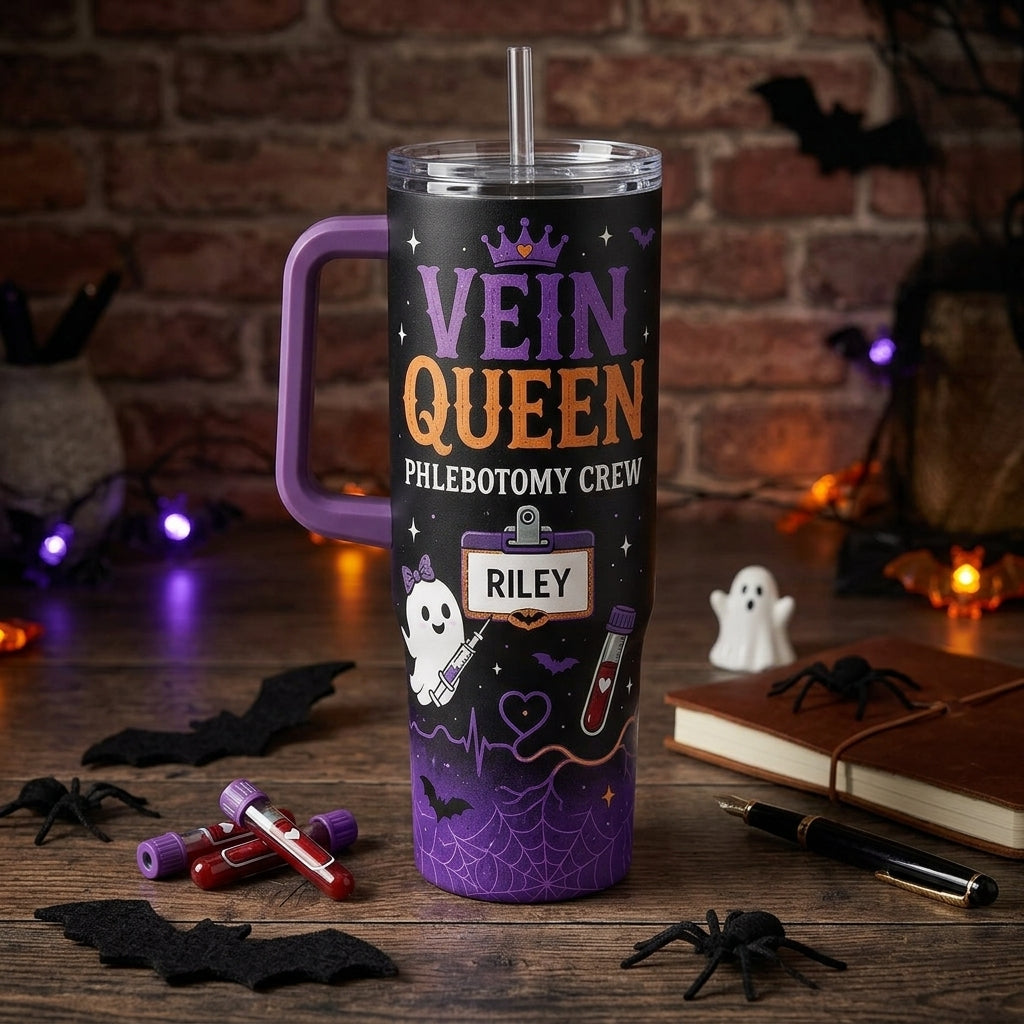 Personalized Vein Queen Phlebotomy Crew 40oz Tumbler with Handle - Custom Name Spooky Ghost Halloween Gift