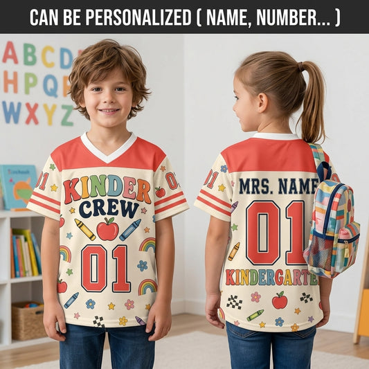 Personalized Kindergarten Teacher Mesh Football Jersey - Custom Name Kinder Crew Back to School Shirt
