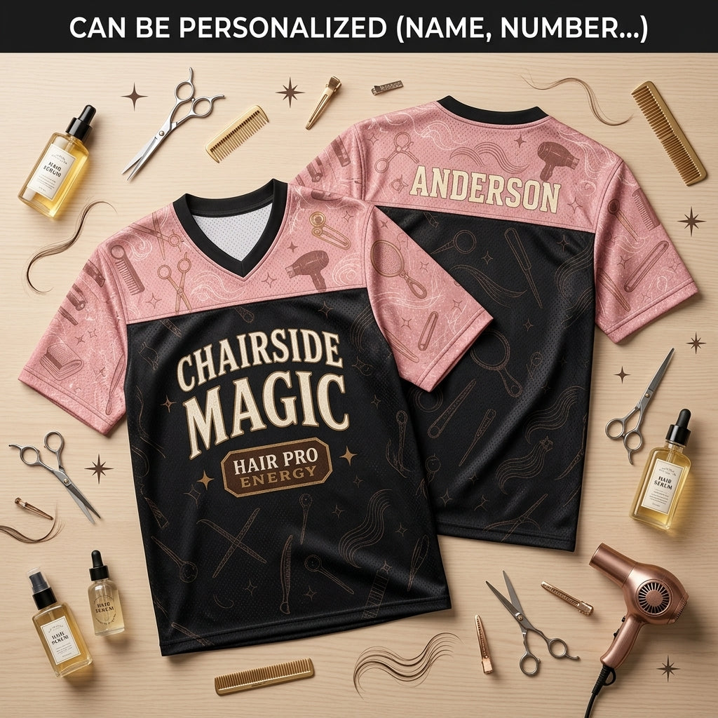 Personalized Hairstylist Football Jersey - Custom Name Salon Team Apparel - Chairside Magic Pink & Black Mesh - football jersey product view 2