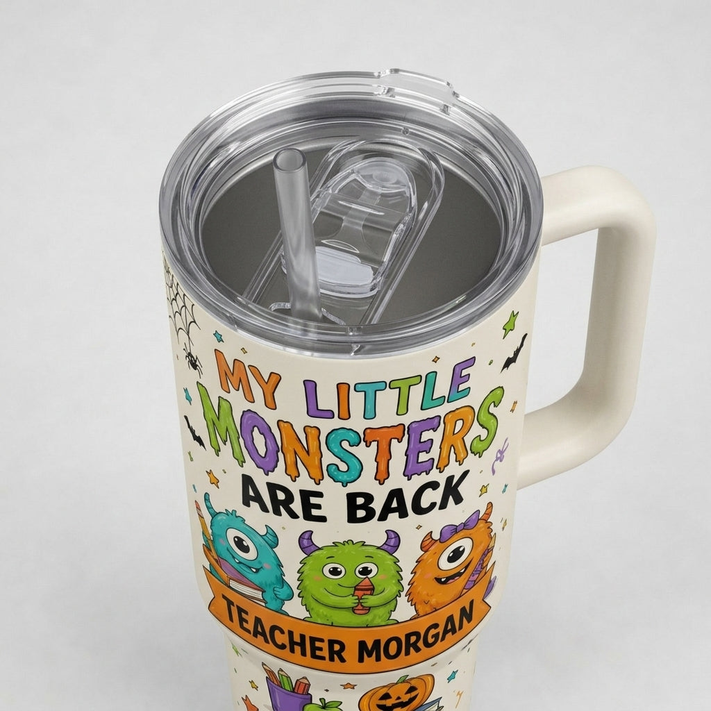 Personalized Teacher Halloween Tumbler 40oz with Handle - My Little Monsters Are Back First Day Boo Crew