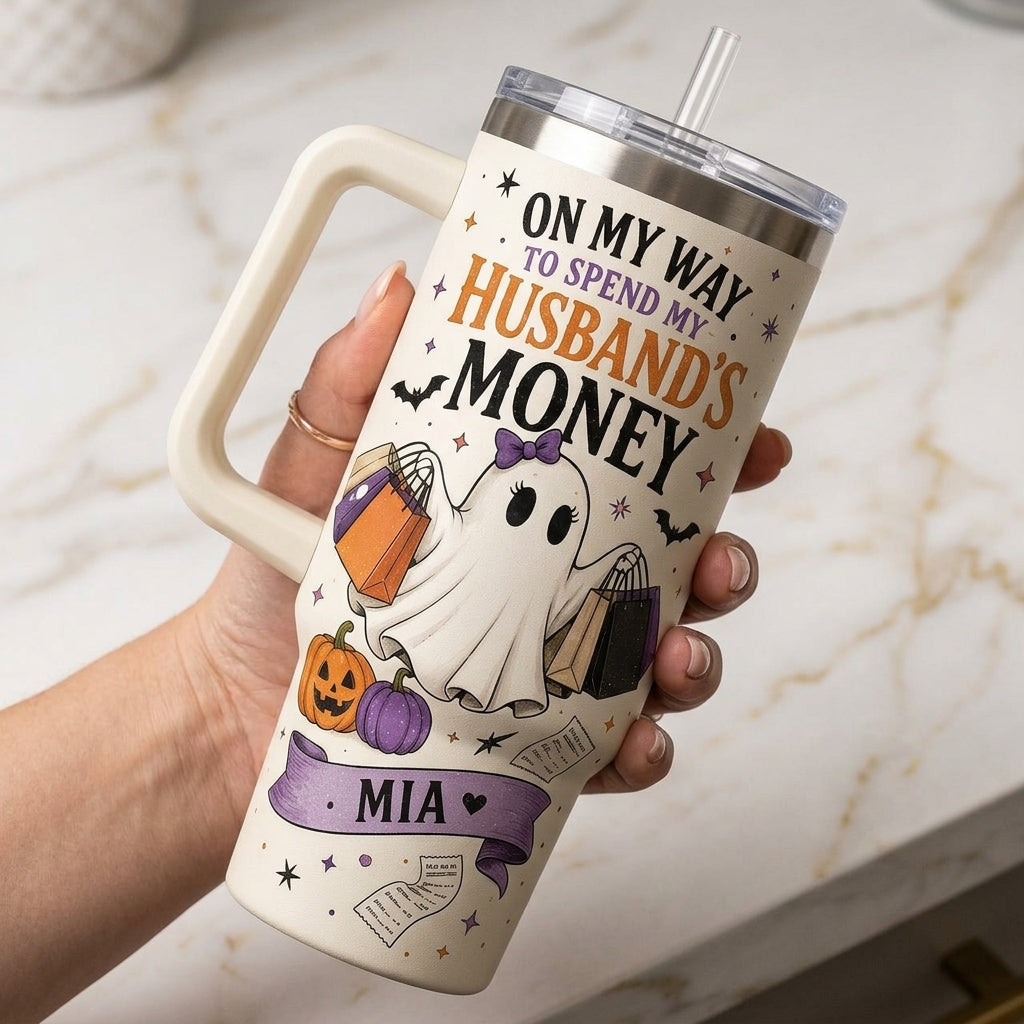Personalized Spooky Ghost Shopping Tumbler 40oz with Handle - Custom Name Funny Halloween Gift for Wife