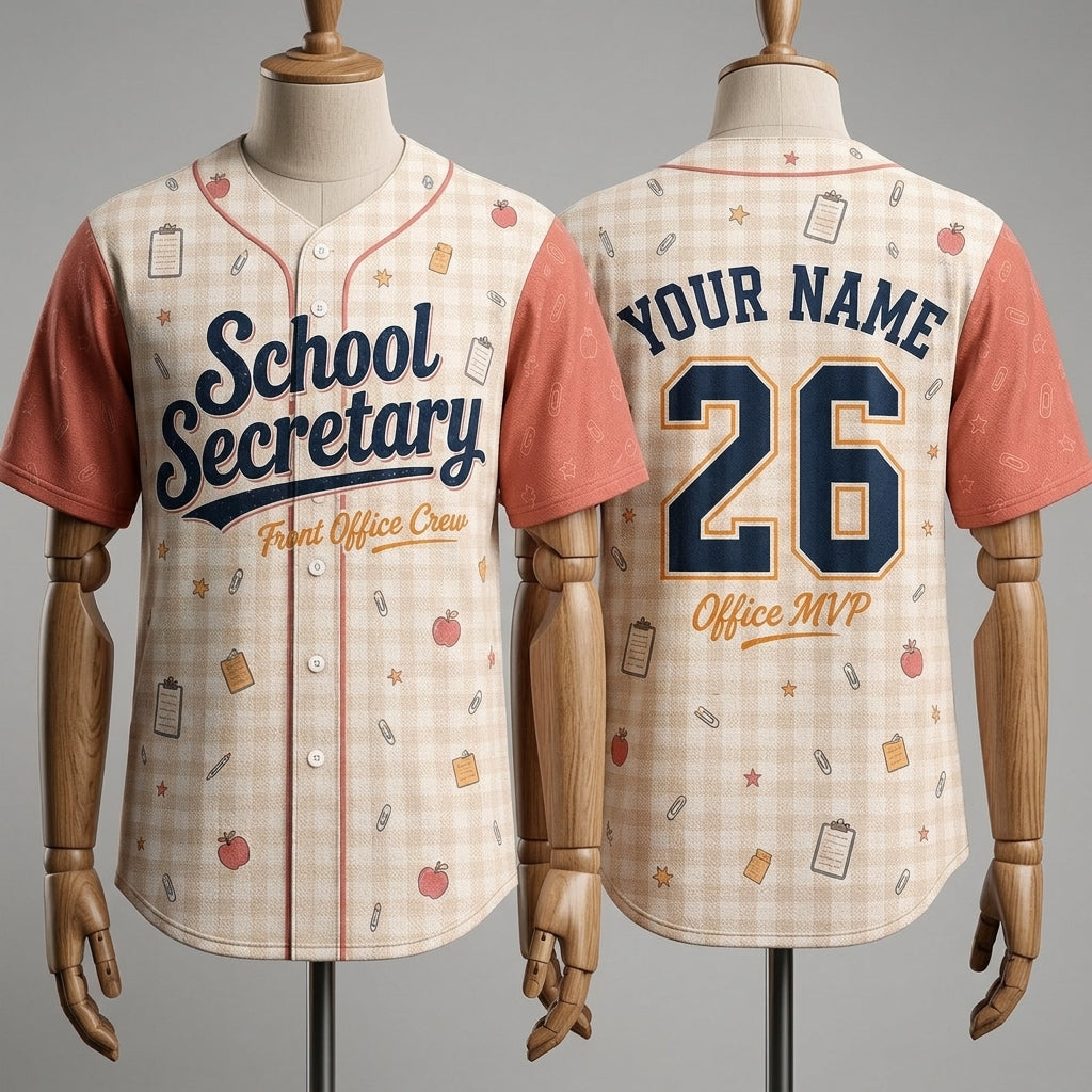 Personalized School Secretary Baseball Jersey - Custom Name Front Office Crew MVP Shirt