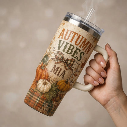 Personalized Autumn Vibes 40oz Tumbler with Handle, Custom Name Fall Harvest Pumpkins Travel Mug
