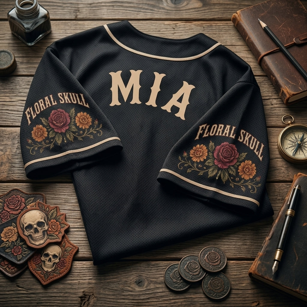 Personalized Floral Skull Baseball Jersey with Custom Name - Vintage Gothic Rose Athletic Shirt