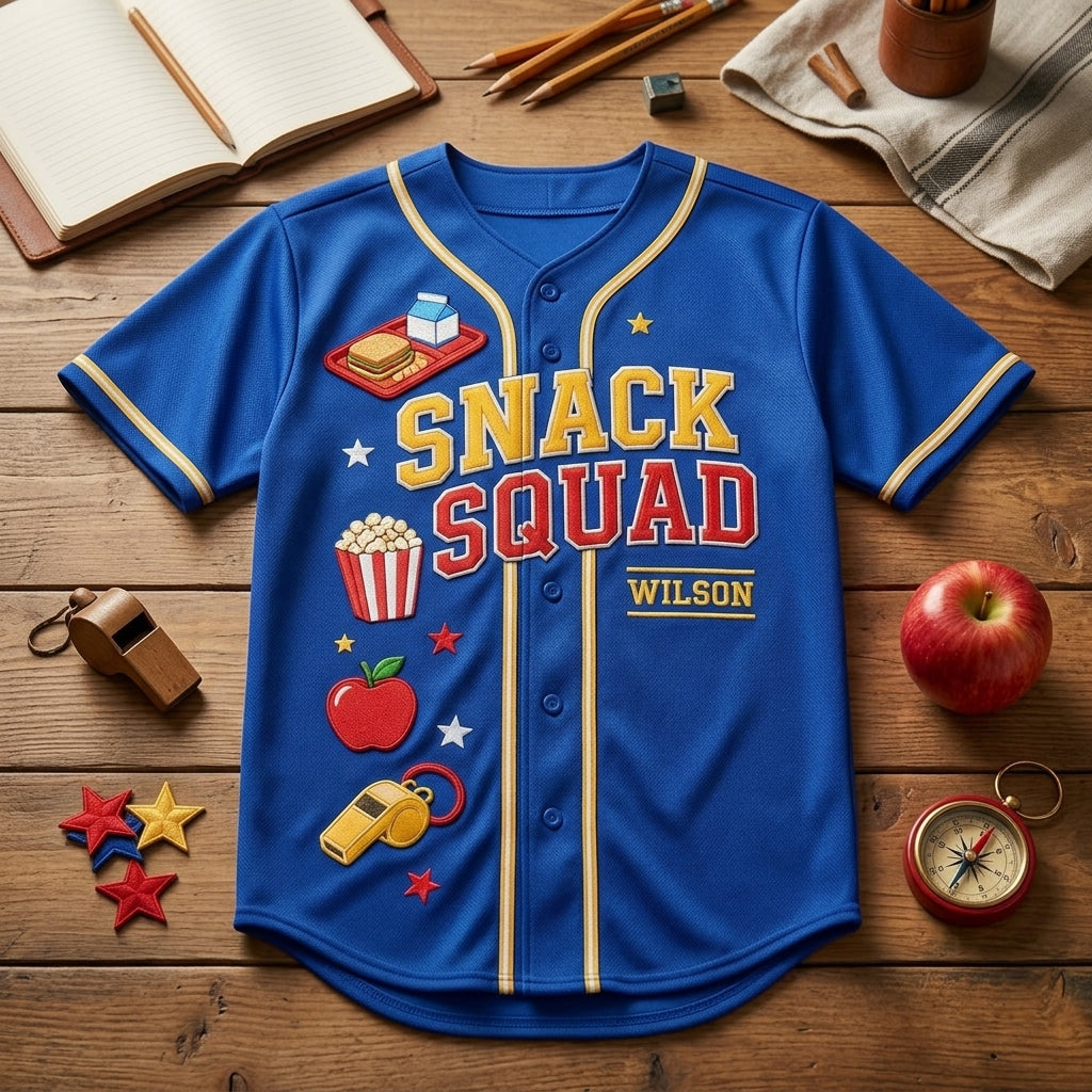 Personalized Snack Squad Baseball Jersey - Custom Name School Cafeteria Worker Gift - Fueling The School Day Blue Jersey