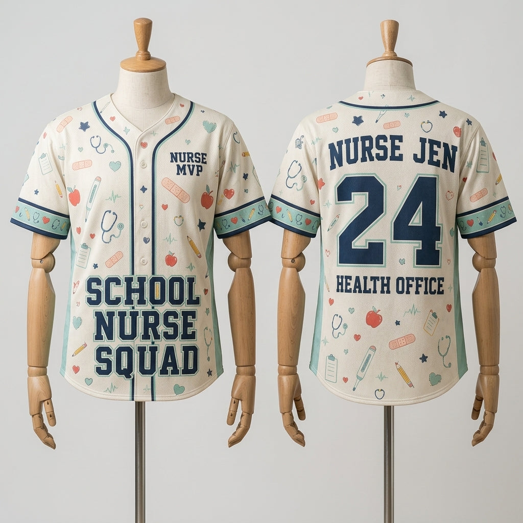 Personalized School Nurse Squad Baseball Jersey - Custom Nurse Name and Number Health Office Uniform