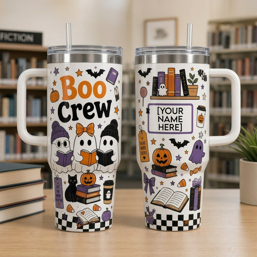 Personalized Boo Crew Book Lover Halloween 40oz Tumbler with Handle - Custom Name Ghost Reading Travel Mug